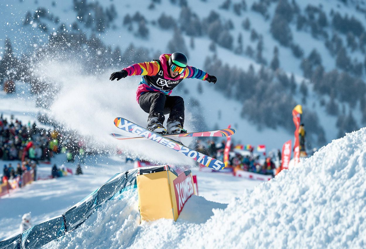 Dynamic Ski Slopestyle Action at X Games Aspen - January 24, 2025 A visually striking photograph capturing a skier performing a rail trick at the X Games Aspen 2025 Slopestyle event, showcasing the skill and style of the athlete against the backdrop of Buttermilk Mountain.