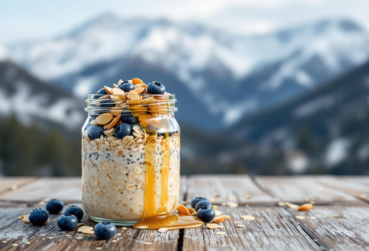 Cozy Breakfast with Overnight Oats in Snowy Mountains A close-up photograph of a jar of overnight oats topped with blueberries, almonds, and honey, set on a rustic wooden table with a snowy mountain backdrop.