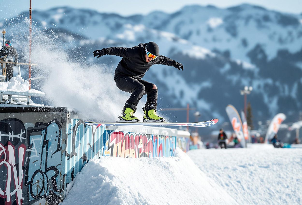 X Games Aspen 2025: Street Style Skiing Action A photograph capturing a skier performing a trick on a rail during the Street Style event at X Games Aspen 2025. The image showcases the fusion of urban and mountain environments, highlighting the athlete