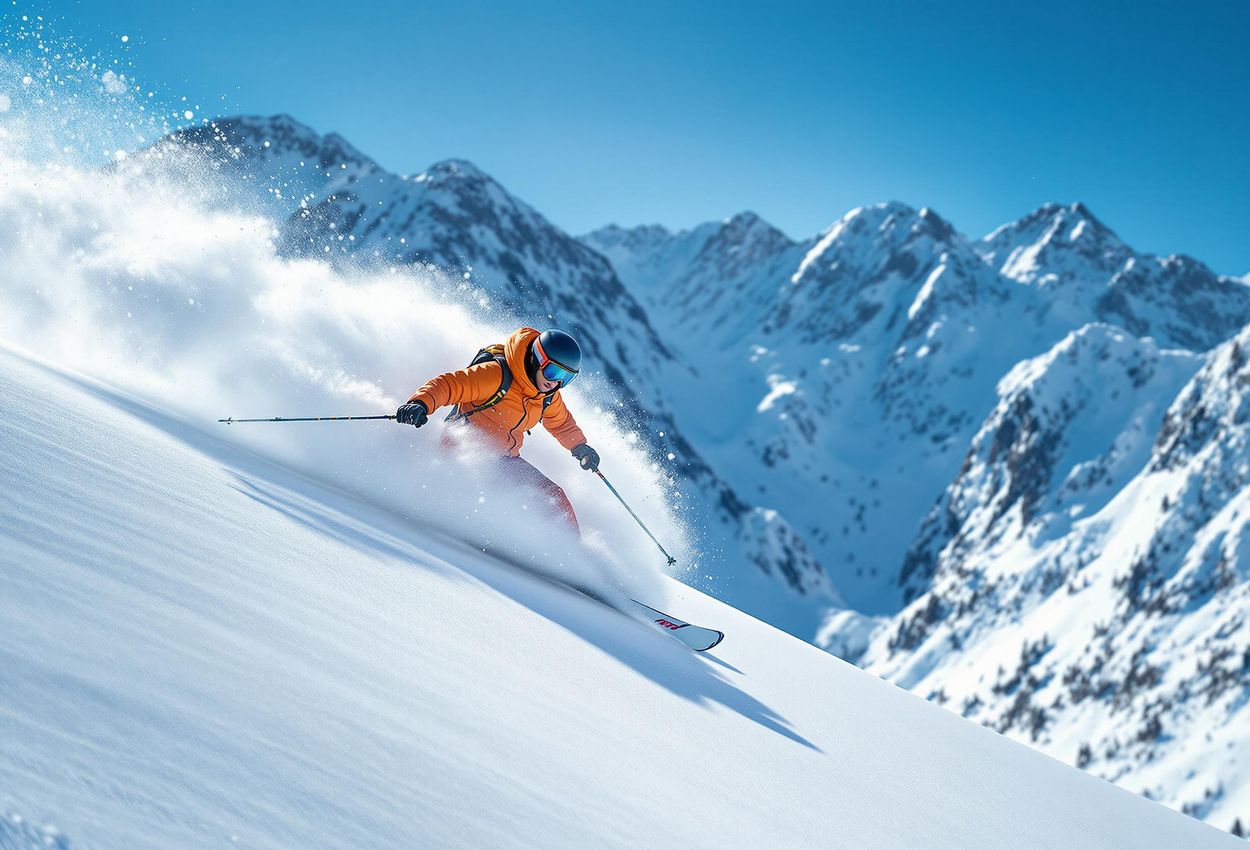 A photograph of a skier in bright clothing skiing through deep powder in the Chugach Mountains, Alaska. The image captures the exhilarating feeling of skiing untouched snow on a clear winter day.