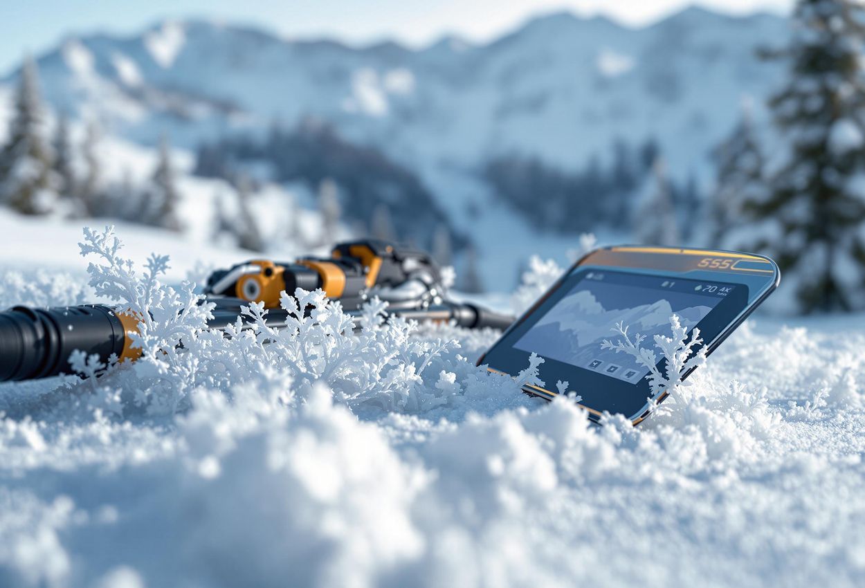 A detailed macro photograph of avalanche safety gear (transceiver, probe, shovel) on snow, emphasizing the importance of preparedness in backcountry skiing.