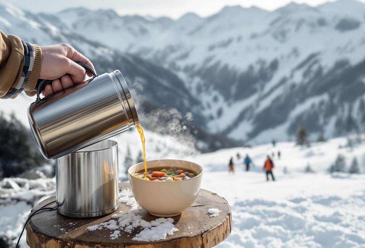 Warm Lentil Soup Lunch Break in Snowy Alps A photograph capturing a comforting lunch break on a snowy mountain, featuring a steaming thermos pouring lentil soup into a bowl, with scenic ski slopes in the background.