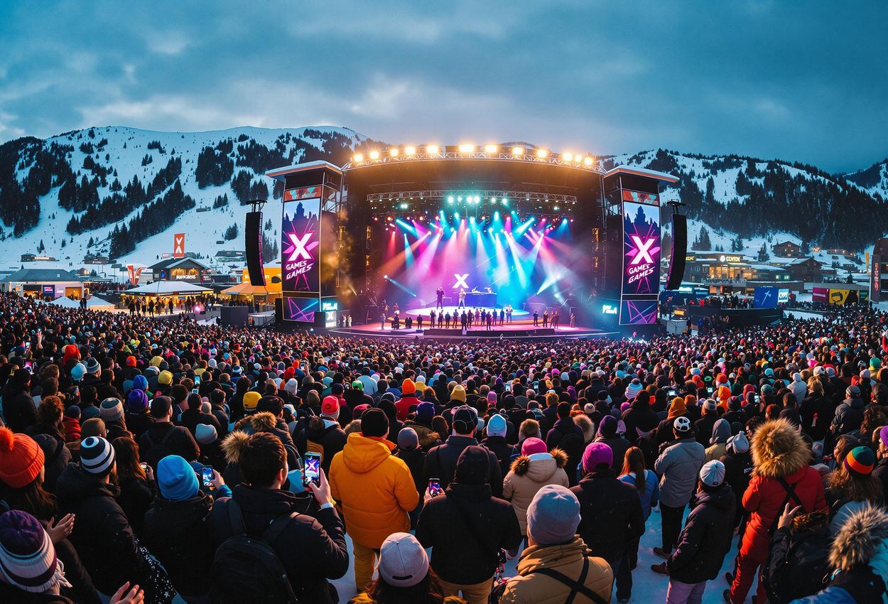 A captivating photograph capturing the vibrant atmosphere of a live music performance at X Games Aspen, showcasing the energy of the crowd and the excitement of the festival.