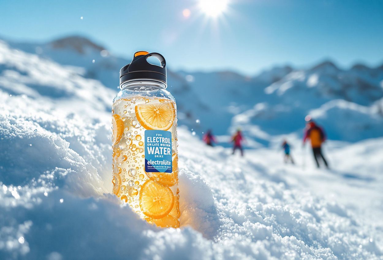 Hydration on the Slopes: A Refreshing Winter Sports Moment A close-up photograph of an insulated water bottle with condensation, sitting in the snow against a backdrop of skiers and snowboarders on a sunny slope, emphasizing the importance of hydration during winter sports.