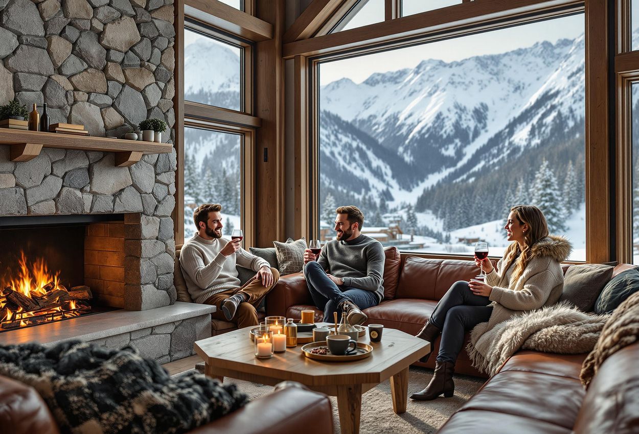 A photograph showcasing the interior of a luxurious heli-skiing lodge in the Selkirk Mountains, featuring skiers relaxing by a fireplace with stunning mountain views.