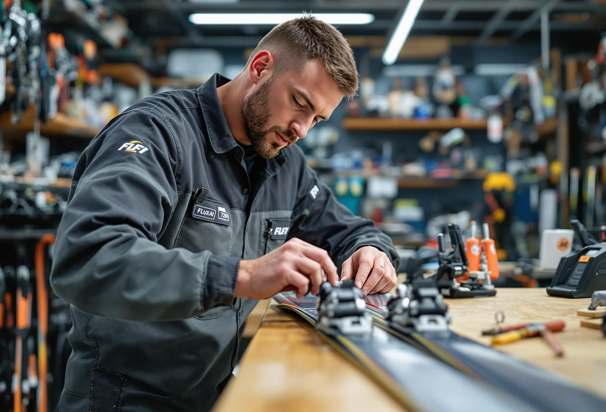 Ski Technician Adjusting Bindings in Ski Shop A detailed photograph of a ski technician meticulously adjusting ski bindings in a well-lit ski shop, showcasing the expertise and precision involved in ensuring a safe skiing experience.