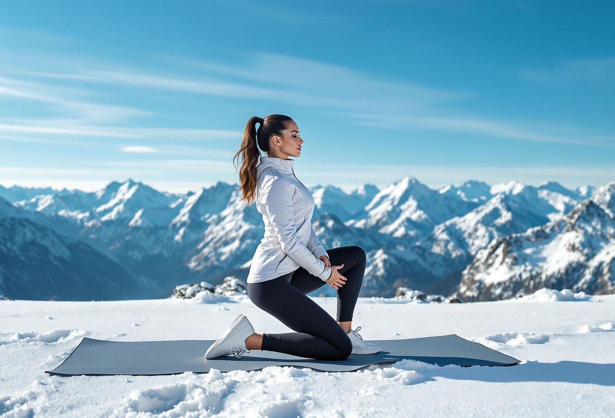 Woman Stretching in Snow-Capped Mountains A photograph of a woman performing a hip flexor stretch in a serene mountain setting, showcasing the connection between wellness and nature.