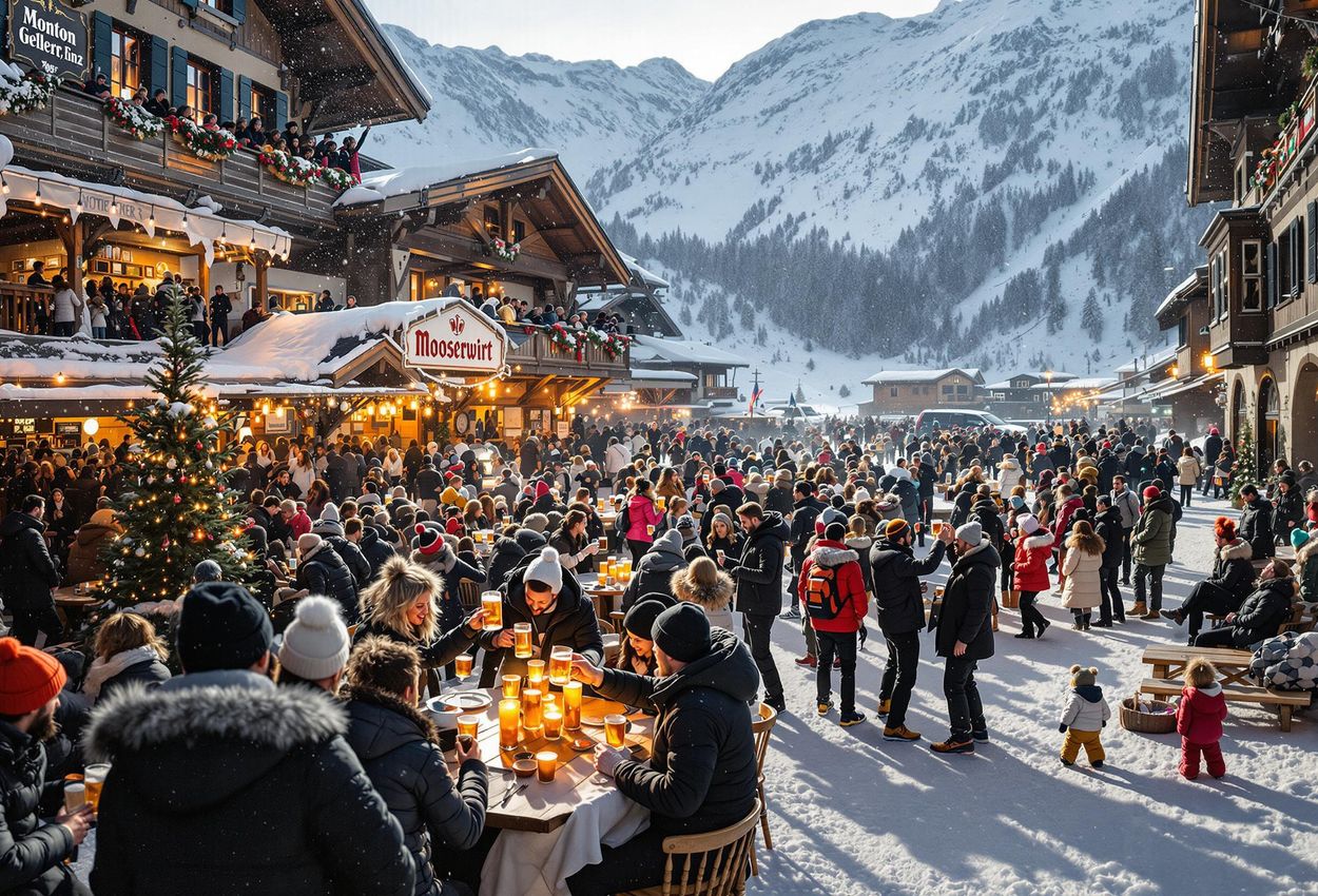 A vibrant photograph capturing the high-energy après-ski atmosphere at Mooserwirt in St. Anton, Austria, filled with dancing crowds and stunning Alpine scenery.