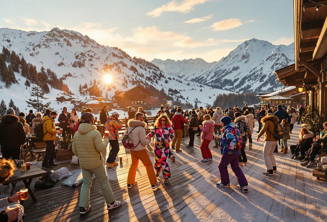 A vibrant photograph capturing the energy of an après-ski party at the Krazy Kanguruh in St. Anton, Austria, with skiers and snowboarders dancing in the golden sunset light.