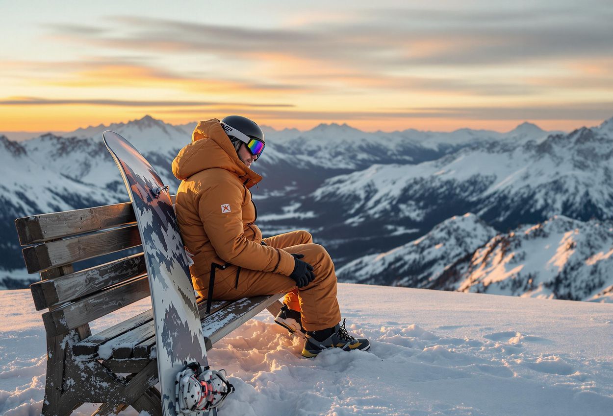 Snowboarder Stretching at Mountain Summit During Sunset A serene landscape photo capturing a snowboarder performing a hamstring stretch on a bench at the top of a mountain, overlooking a vast snow-covered valley at sunset.