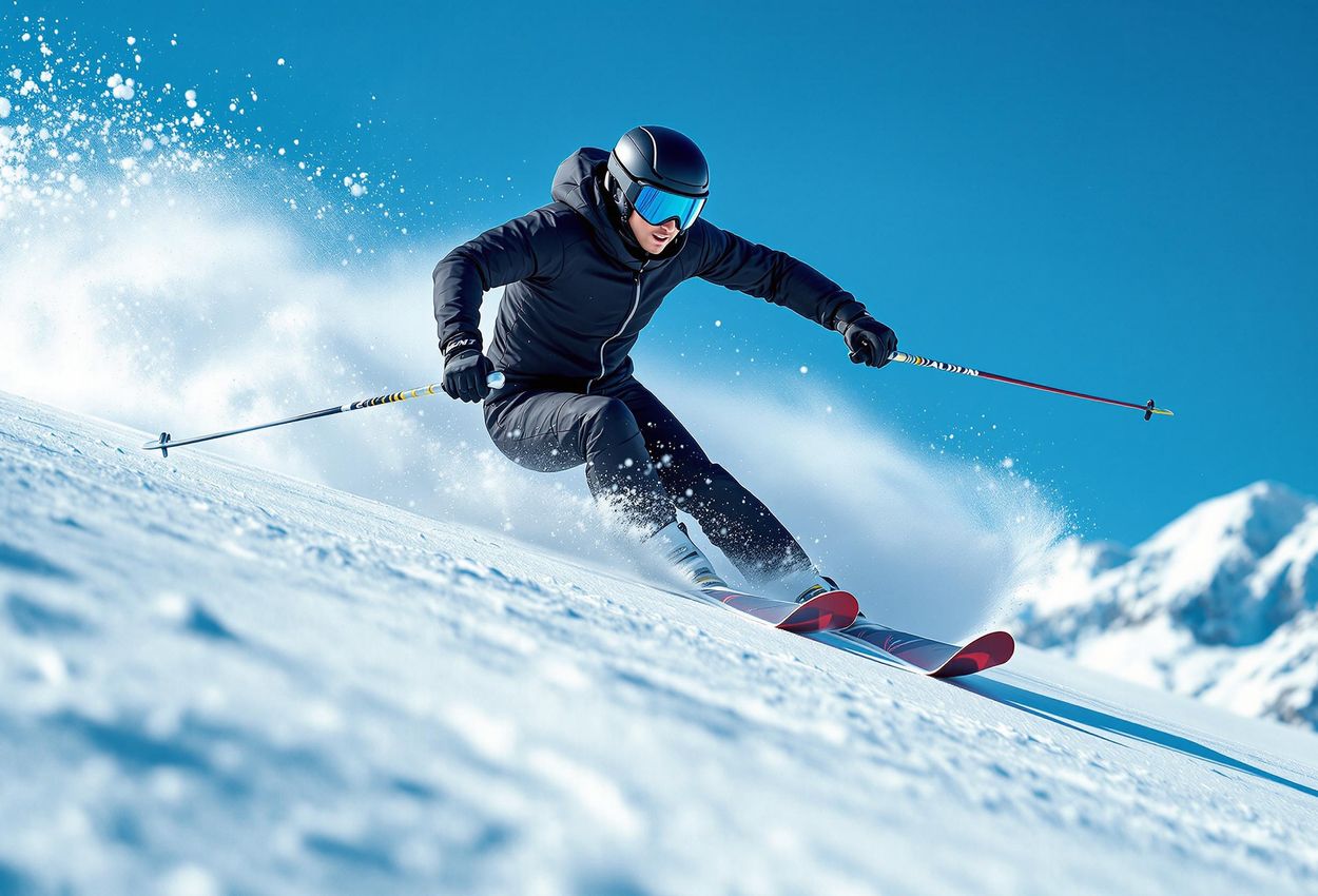 A photograph capturing a skilled skier navigating a challenging mogul field on a bright, sunny day in the mountains. The image highlights the precision and agility required for mogul skiing.