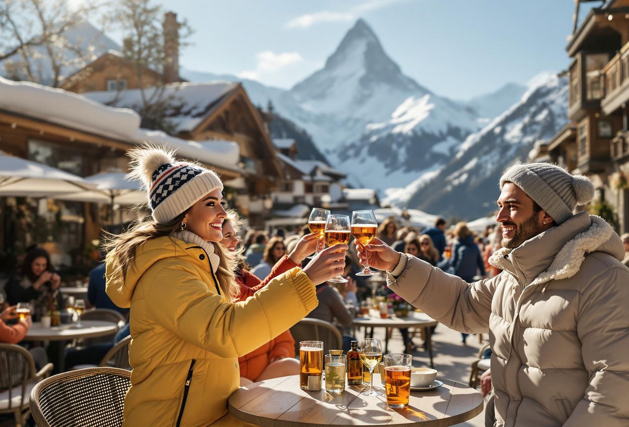A photograph capturing the vibrant atmosphere of happy hour at Taps in Zermatt, Switzerland. The sun terrace is filled with people enjoying drinks and socializing after a day of skiing.