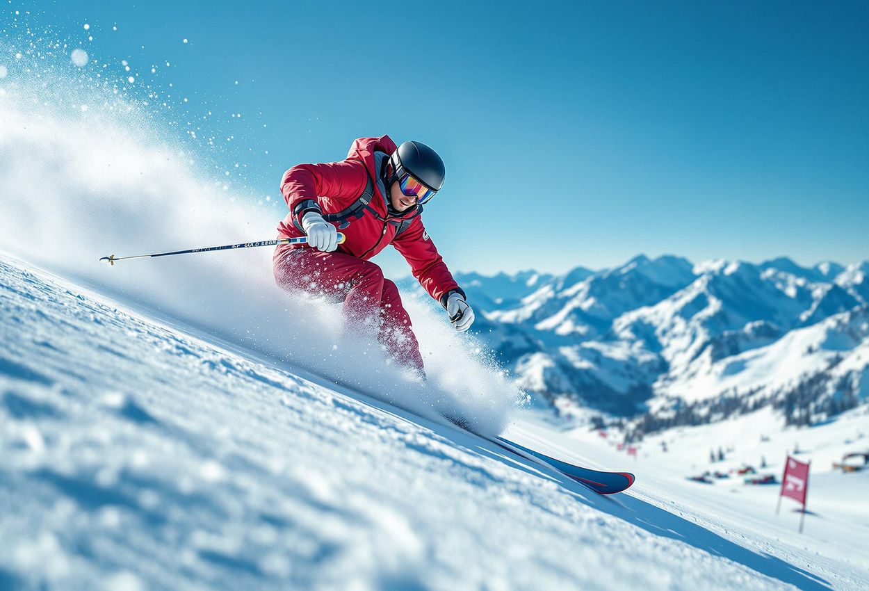 A photograph of a skier expertly navigating a mogul field on a sunny day, showcasing their technique and the beauty of the snow-covered mountains.