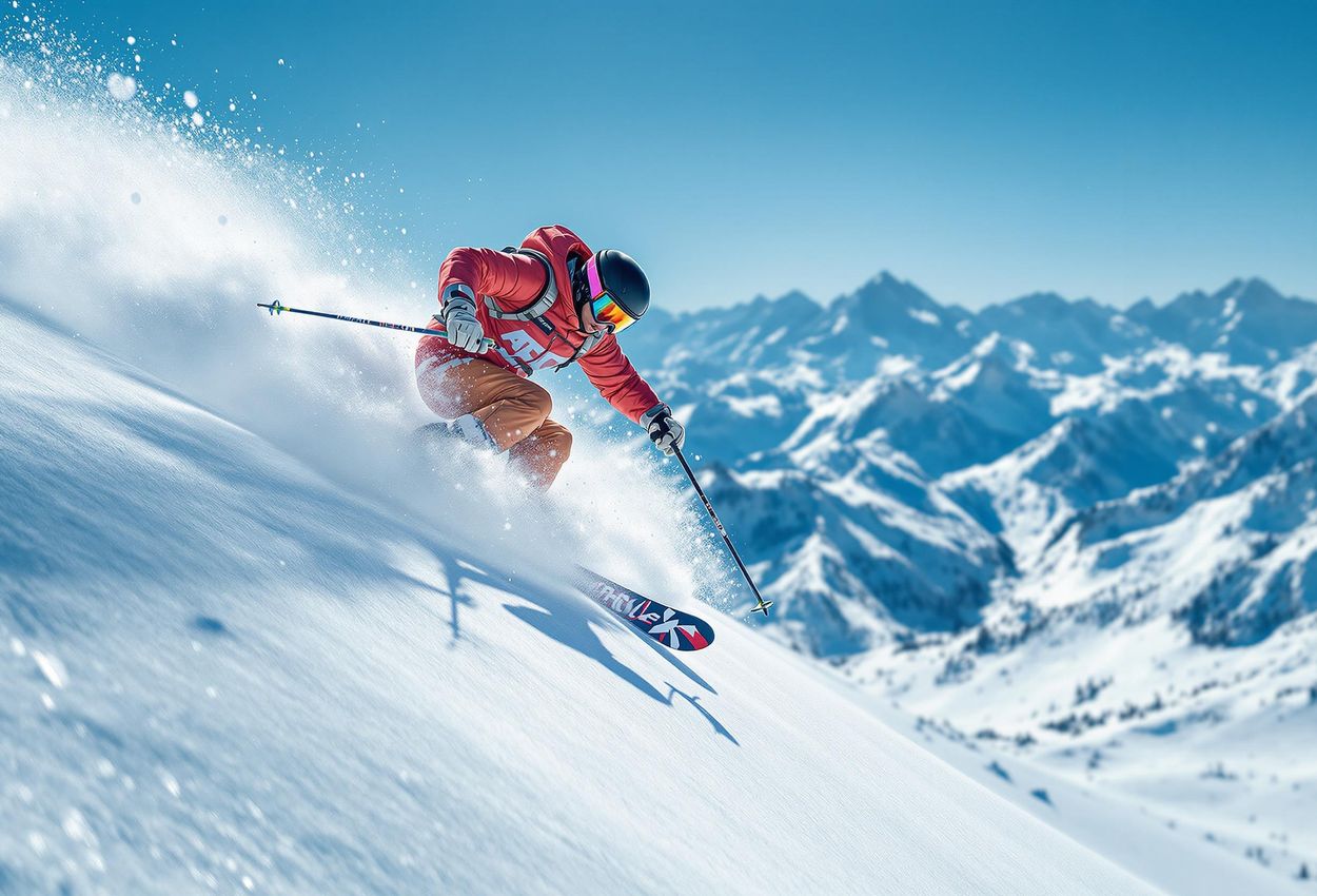 A photograph capturing a skier executing a precise pole plant on a mogul, with a vast mogul field and snow-covered mountains in the background on a bright, sunny day.