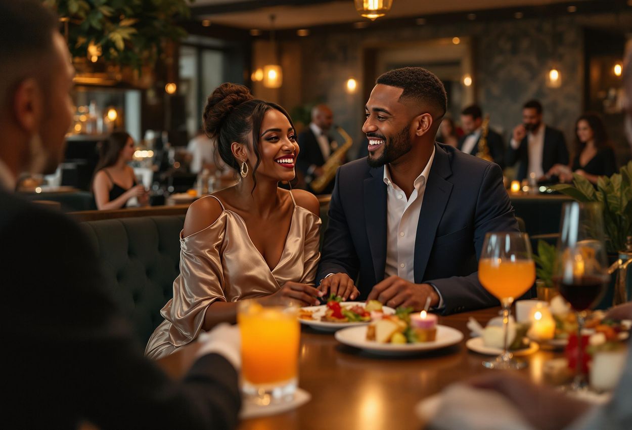 A photograph capturing the sophisticated atmosphere of Basecamp, featuring patrons enjoying cocktails and live music in a stylishly decorated setting.