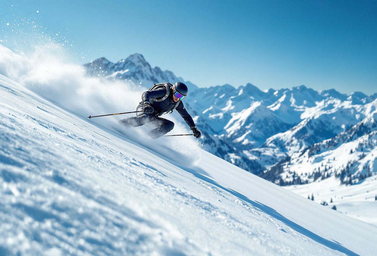 A photograph of a skilled skier demonstrating technique on a mogul field, with snow-covered mountains in the background on a bright, sunny day.