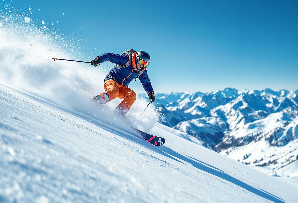A photograph capturing a skilled skier executing a dynamic pivot turn on a mogul field, showcasing expert technique and the beauty of winter sports.