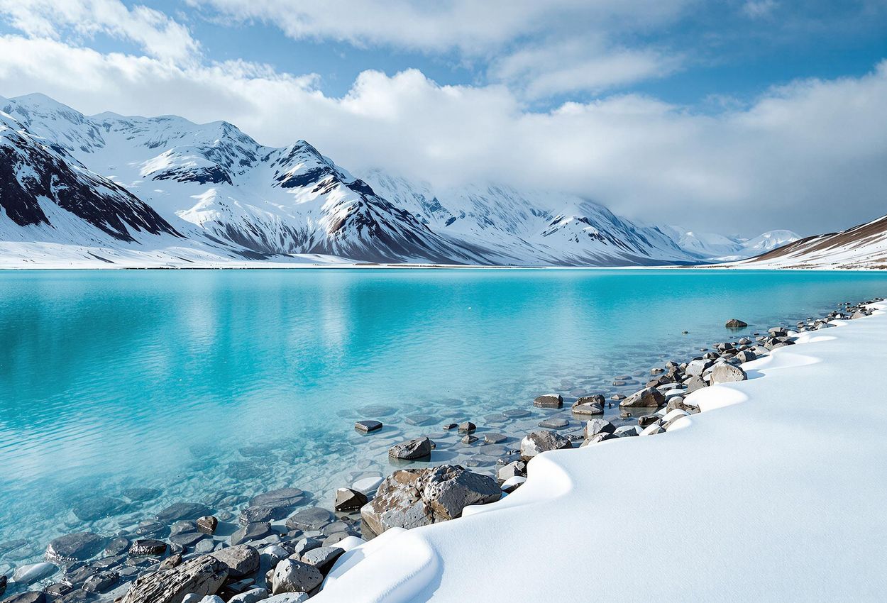 Winter Landscape at Lake Pukaki, New Zealand A serene winter landscape photograph of Lake Pukaki in New Zealand, featuring turquoise waters, snow-capped mountains, and Aoraki/Mount Cook in the background.