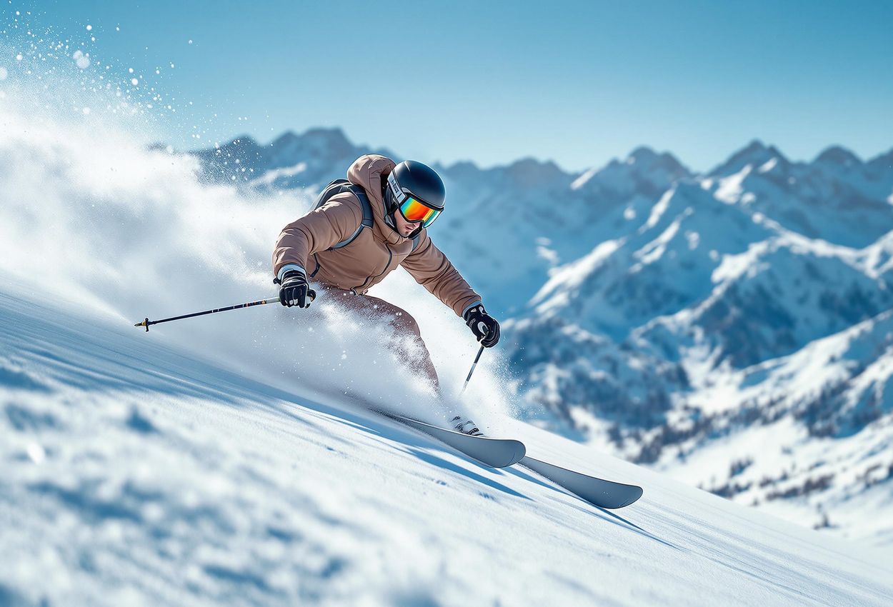 A photograph of a skier skillfully skidding to control their speed on a steep mogul run, with snow-covered mountains in the background on a bright, sunny day.