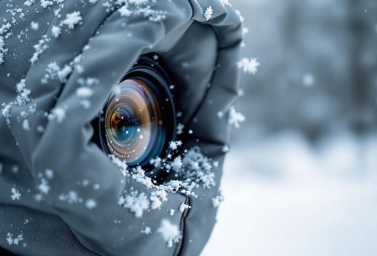 Camera Protected in Snowy Landscape A close-up photograph of a camera encased in a protective parka, set against a snowy backdrop. The image highlights the resilience of equipment in harsh winter conditions.