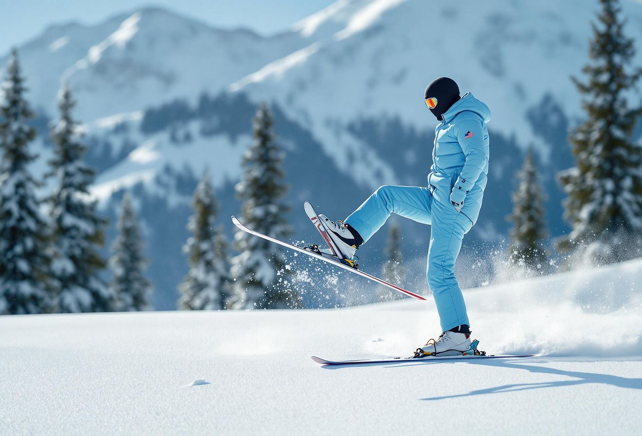 A skier demonstrates balance on a snow-covered mountain in January 2025. Candid shot with macro lens, showcasing detail and athletic skill.