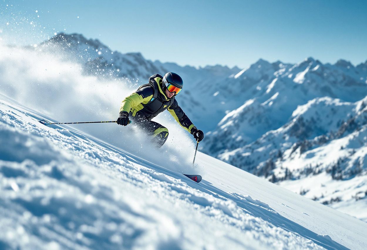 A photograph capturing a skilled skier confidently navigating a challenging mogul field on a bright, sunny day. The image showcases the beauty of winter sports and the determination of the athlete.
