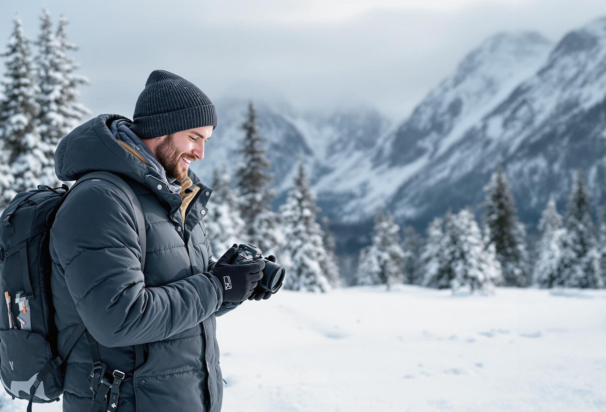 Photographer Captures Winter Landscape in Senja, Norway A photographer in winter clothing stands in a snowy landscape in Senja, Norway, holding a camera and adjusting settings. The scene features snow-covered trees and mountains in the background.