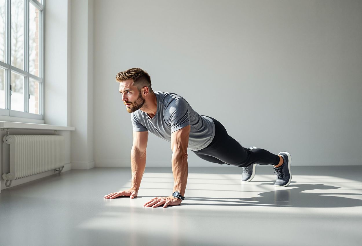 A skier demonstrates a plank exercise in a minimalist gym, showcasing off-season core training for peak performance.