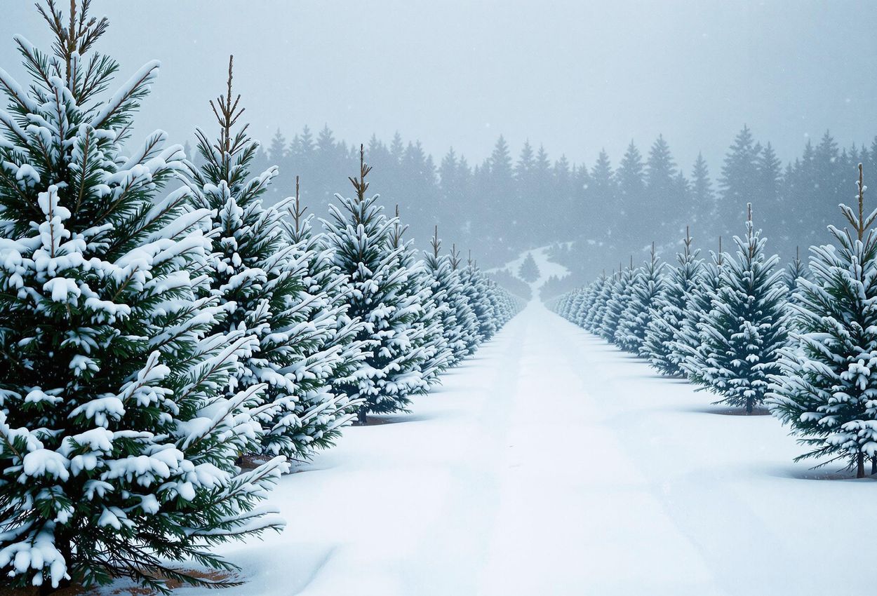 Dreamy Christmas Tree Farm in Snowy Spokane, Washington A serene photograph of a Christmas tree farm in Spokane, Washington, with gently falling snow creating a dreamy winter wonderland.