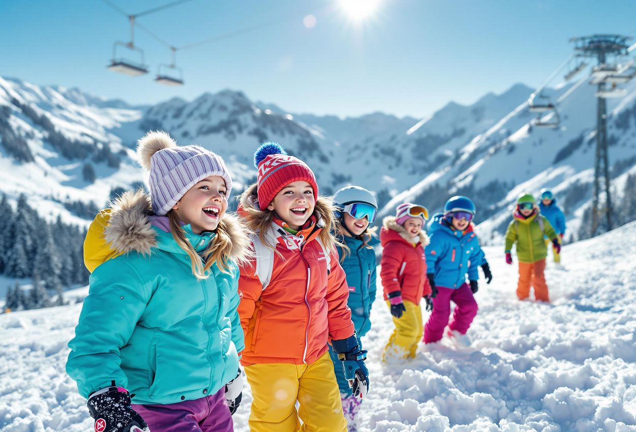 A vibrant photograph capturing a group of children laughing and playing in the snow near a ski lift on a sunny day in the Alps. The image showcases the importance of proper ski gear for children, emphasizing warmth, waterproofing, and safety.