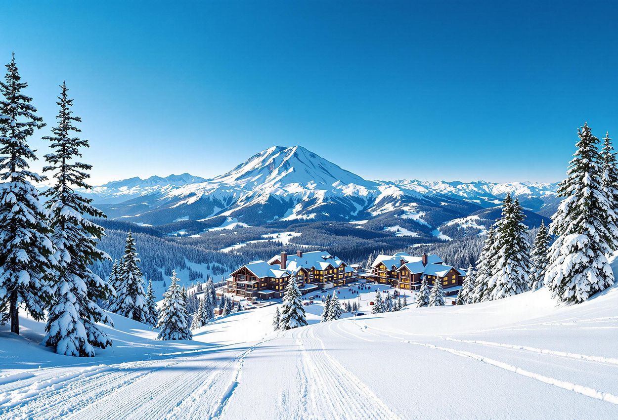 A stunning landscape photograph capturing the beauty of Crystal Mountain, Washington, with the majestic Mount Rainier in the background. Perfect for showcasing winter travel and family ski vacations.