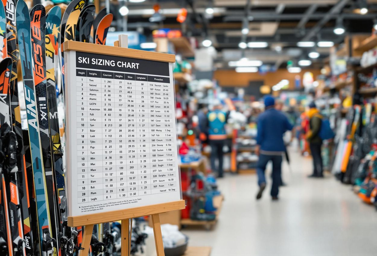 A close-up photo of a ski sizing chart in a brightly lit ski shop, providing a clear visual guide for beginners to choose the right ski length based on their height.