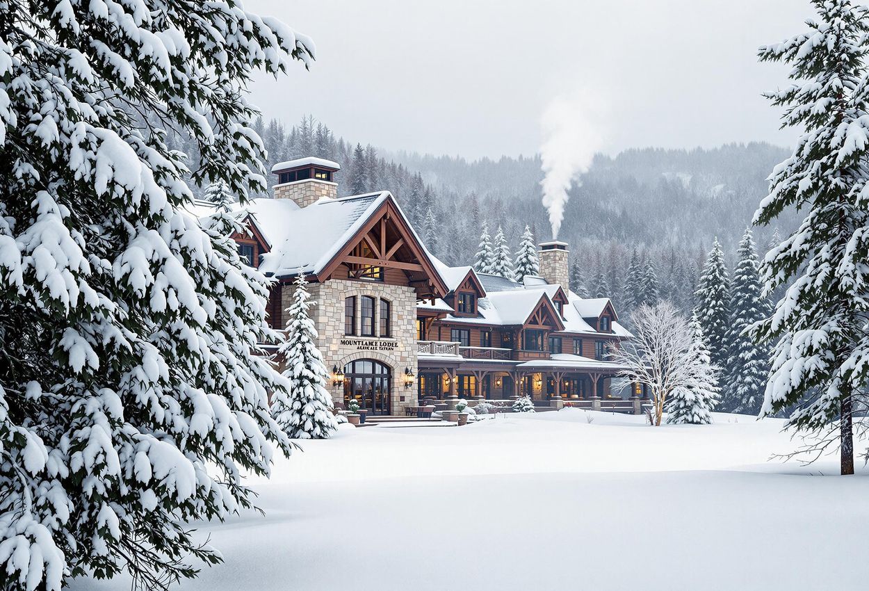 A scenic winter photograph of Mountain Lake Lodge in Virginia, showcasing its historic architecture and serene snow-covered surroundings.