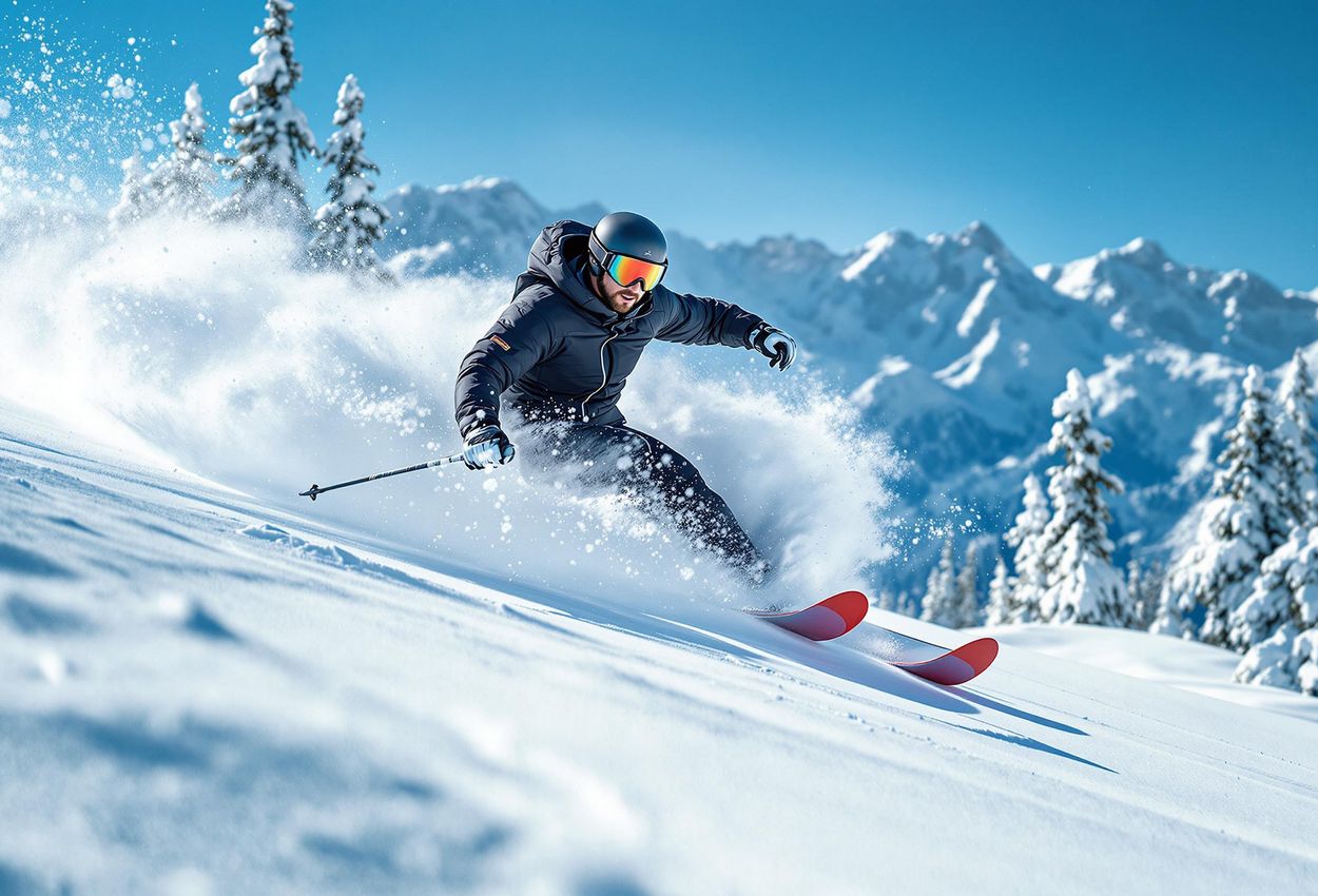 A photograph of a skier gracefully gliding through deep powder snow in Revelstoke, British Columbia, showcasing the advantage of wide skis in powder conditions.