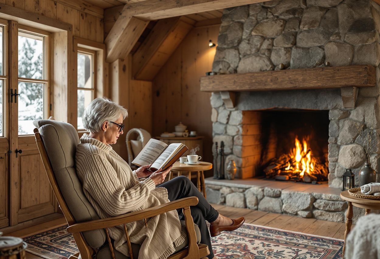 A detailed photograph capturing the warm and inviting interior of a traditional chalet, featuring a woman reading by the fireplace. Showcases rustic furniture, wooden walls, and a serene atmosphere.