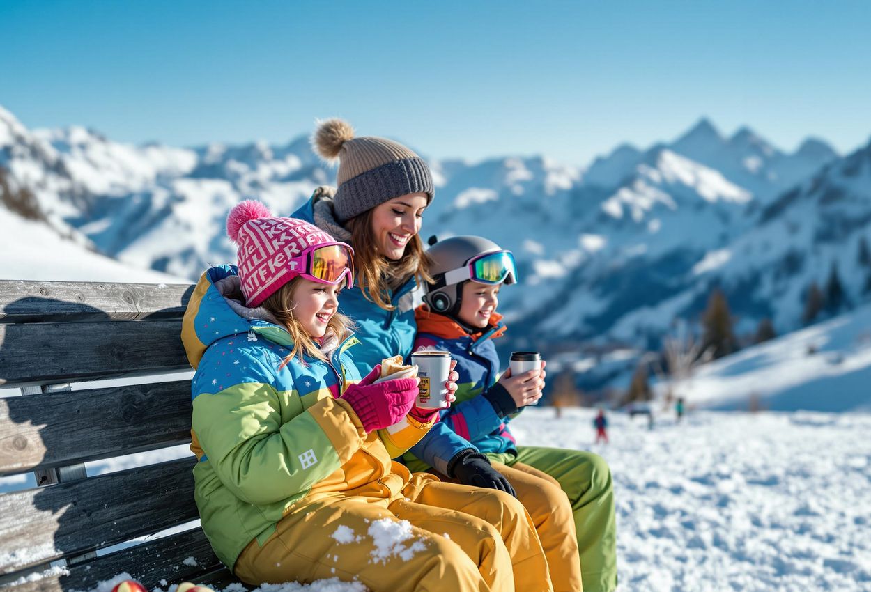 A family pauses for a snack break amidst a scenic ski landscape. The image captures the joy of a winter vacation with rosy-cheeked children enjoying treats and the warmth of family.
