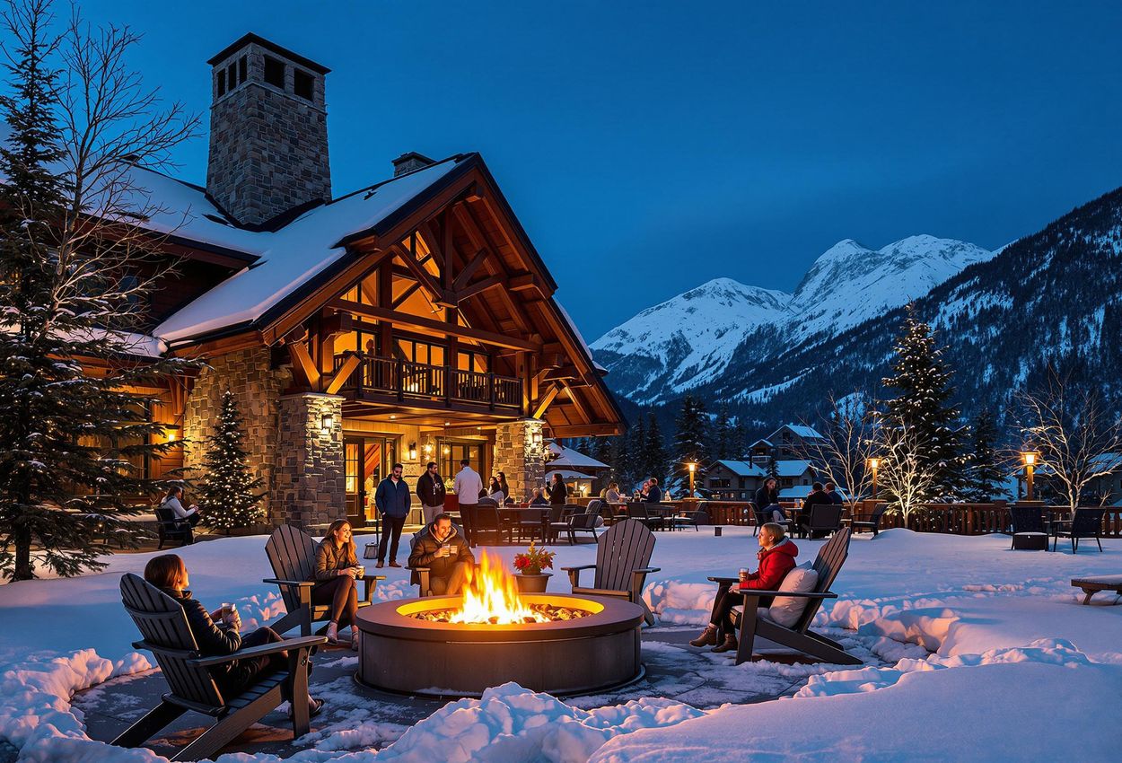 A scenic photograph capturing the Mountain Lodge Telluride at dusk, with people enjoying a fire pit against a backdrop of snow-covered mountains.