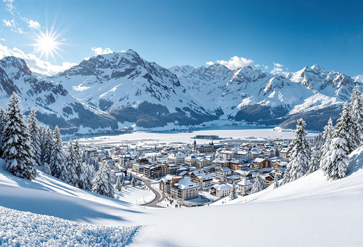 A panoramic photograph of St. Moritz in winter, showcasing the town nestled in a valley surrounded by snow-capped mountains and a frozen lake under a clear blue sky.