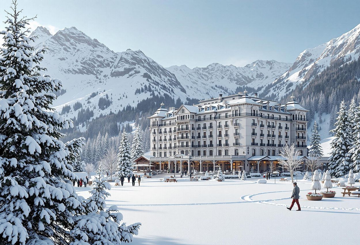 A photograph of the historic Kulm Hotel in St. Moritz, Switzerland, surrounded by snow-covered grounds and the majestic Swiss Alps, capturing the essence of a luxurious winter getaway.