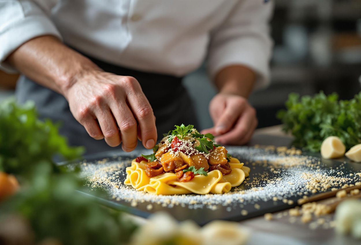 A close-up photograph captures a chef preparing a traditional Swiss dish in a Michelin-starred restaurant in St. Moritz, highlighting the gourmet dining experience.