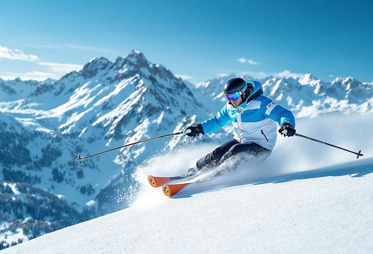 A stunning photograph capturing a skier in action on a perfectly groomed slope in Corviglia, St. Moritz, with the majestic Swiss Alps as a backdrop.