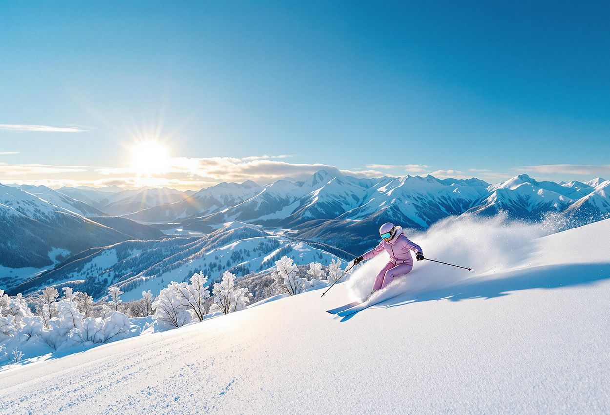 Panoramic Niseko Winter Landscape with Skier - A Luxury Travel Experience A stunning panoramic photograph captures a lone skier gracefully carving through pristine powder snow in Niseko, Japan, with snow-covered mountains under a clear blue sky. The image conveys a sense of freedom and adventure in a luxurious, natural environment.