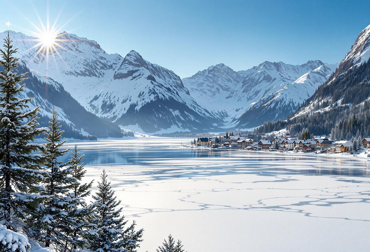 A breathtaking landscape photograph captures the Engadin Valley with Lake Sils in the foreground and snow-capped Swiss Alps in the background on a clear winter day.