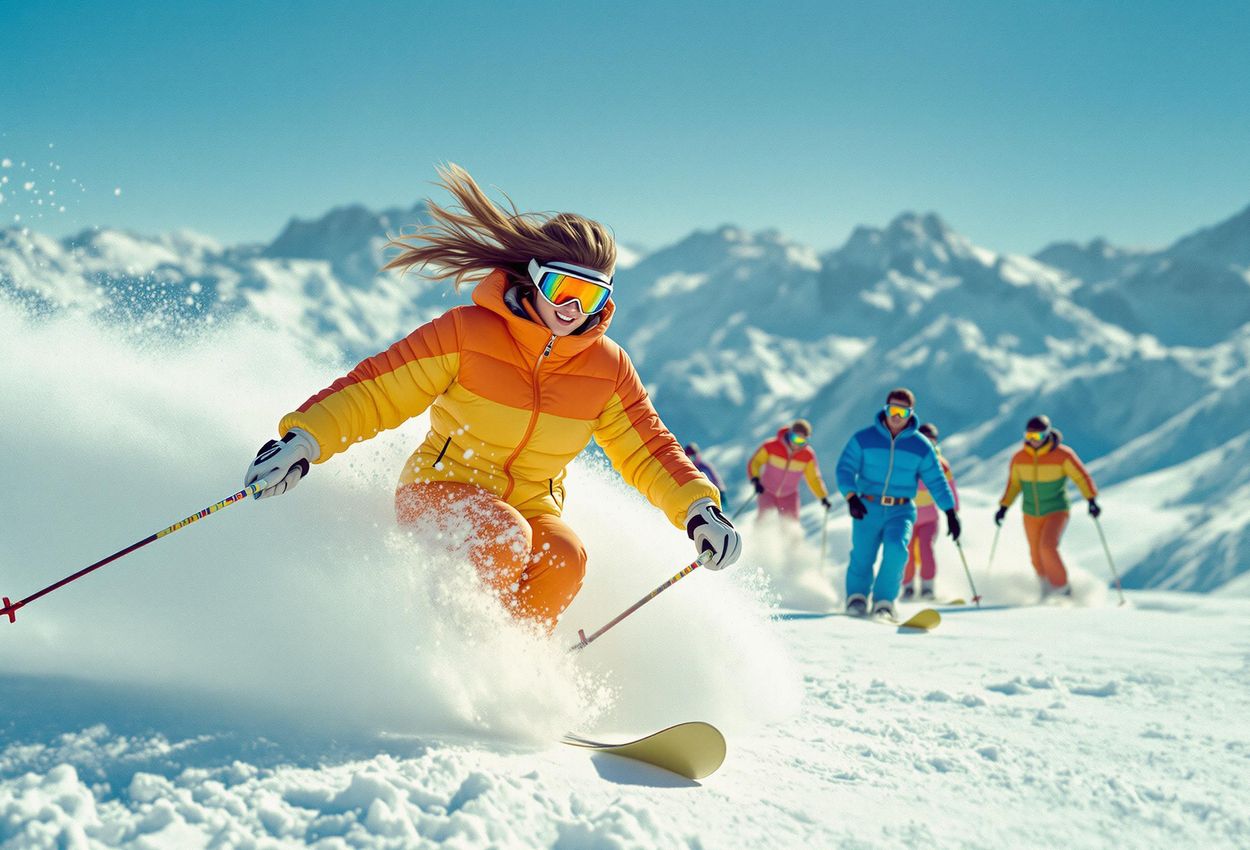 A vibrant photograph capturing a group of skiers in bold 1970s attire, enjoying a day of skiing on a sunny mountain in 1975. The image showcases the energy and style of the era.