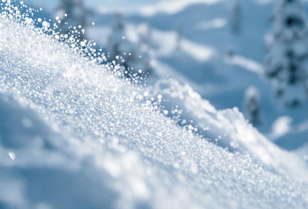Skiing Deep Powder in Niseko, Japan - A Macro Perspective A close-up photograph capturing the texture of skis cutting through deep powder snow in Niseko, Japan. The image highlights the pristine snow crystals and the feeling of effortless gliding.