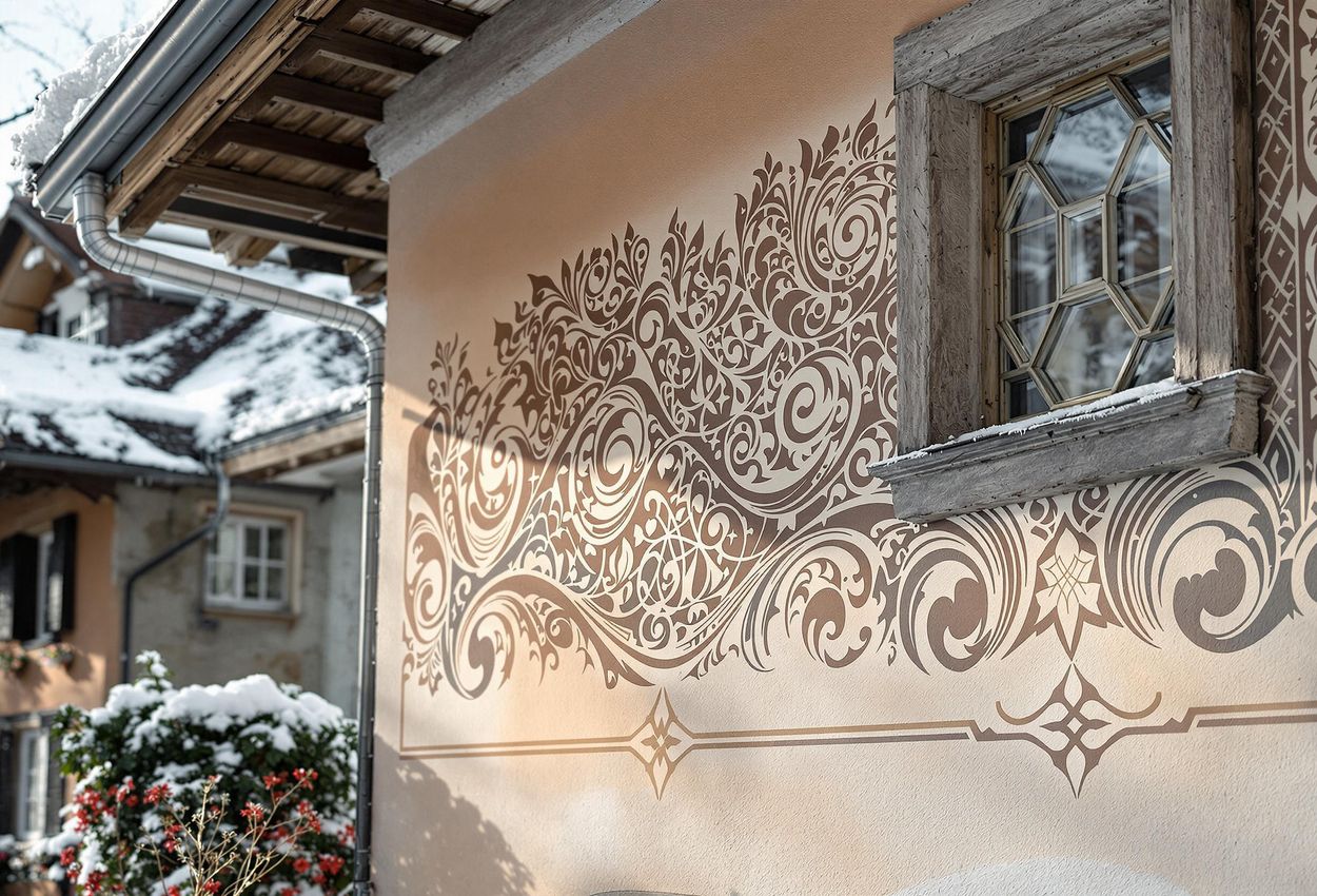 A detailed close-up of Sgraffito artwork on a traditional Engadin house in St. Moritz, Switzerland, showcasing the region