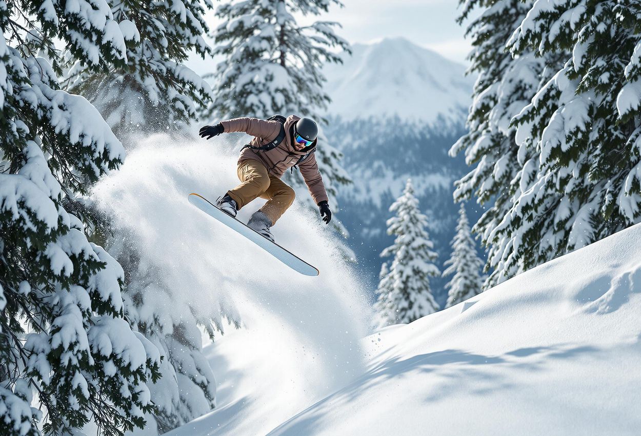 Snowboarder in Niseko Backcountry Tree Run - A Thrilling Winter Adventure A dynamic photograph capturing a snowboarder in mid-air during a tree run in Niseko, Japan. The image showcases the beauty and challenge of backcountry snowboarding in a pristine winter landscape.