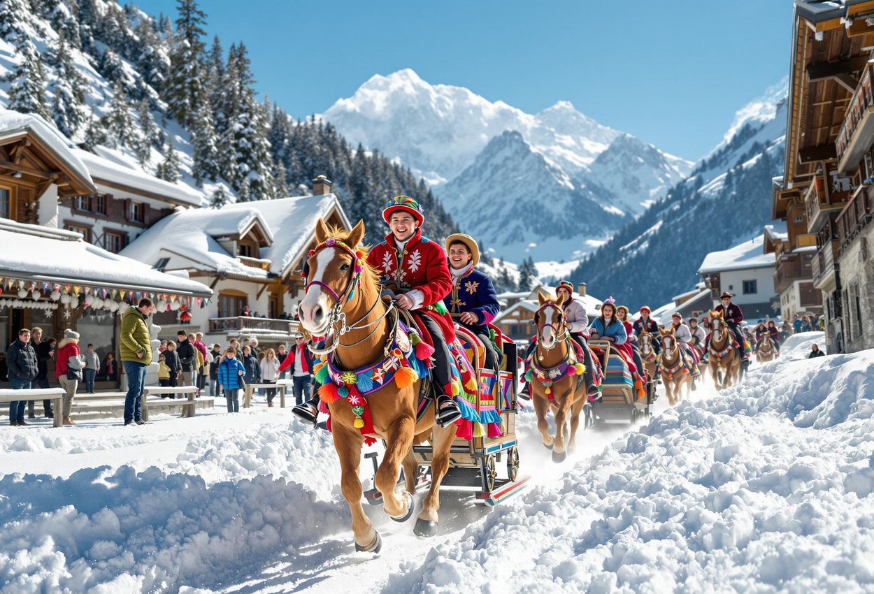 A vibrant photograph capturing the joyful Schlitteda Festival of Youth in Engadin, Switzerland, featuring youngsters in traditional costumes riding decorated sleighs through a picturesque alpine village.
