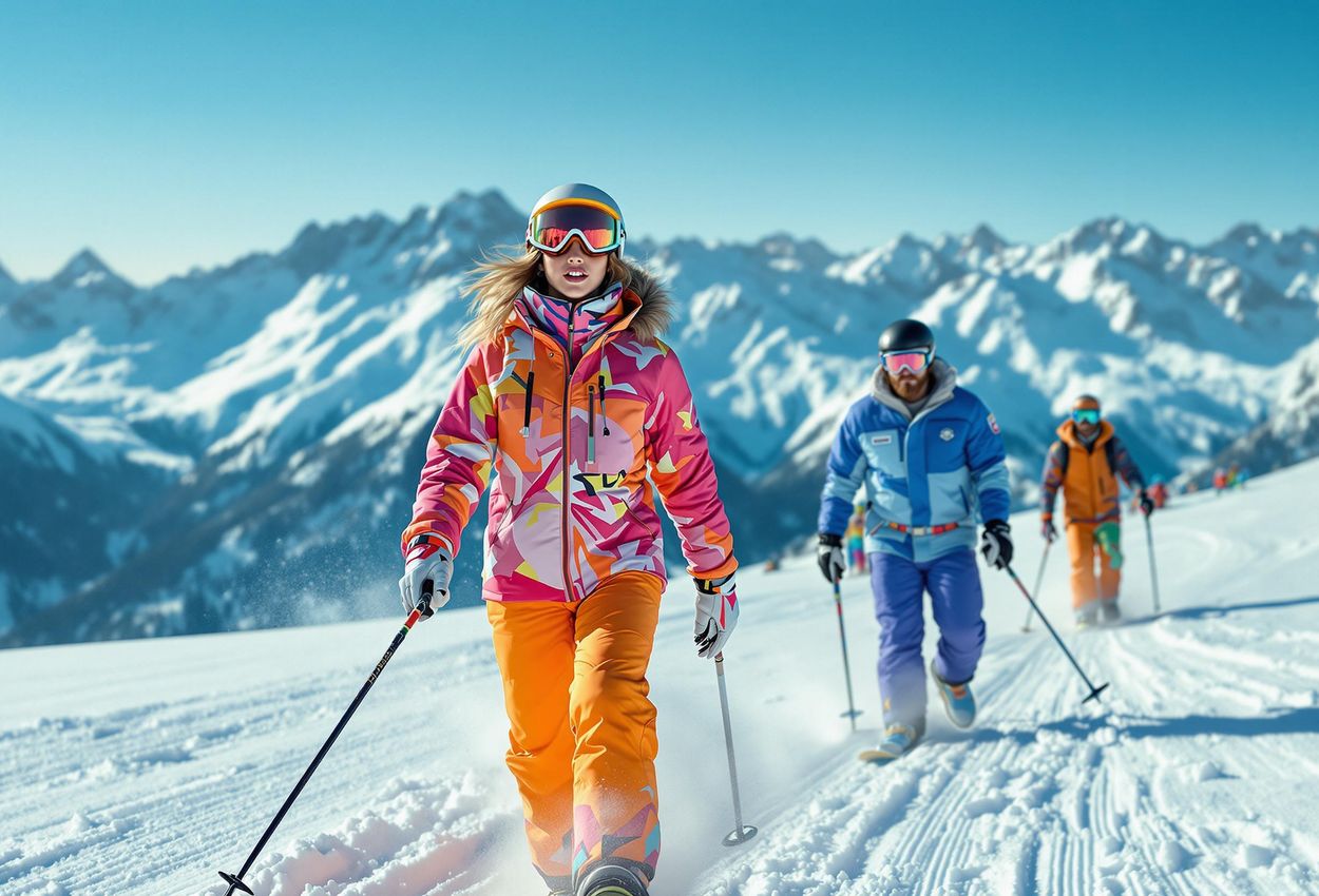 A photograph capturing the dynamic fusion of vintage and modern styles in ski fashion at a high-end ski resort. A group of skiers and snowboarders showcase unique combinations of retro-inspired garments and high-tech outerwear.