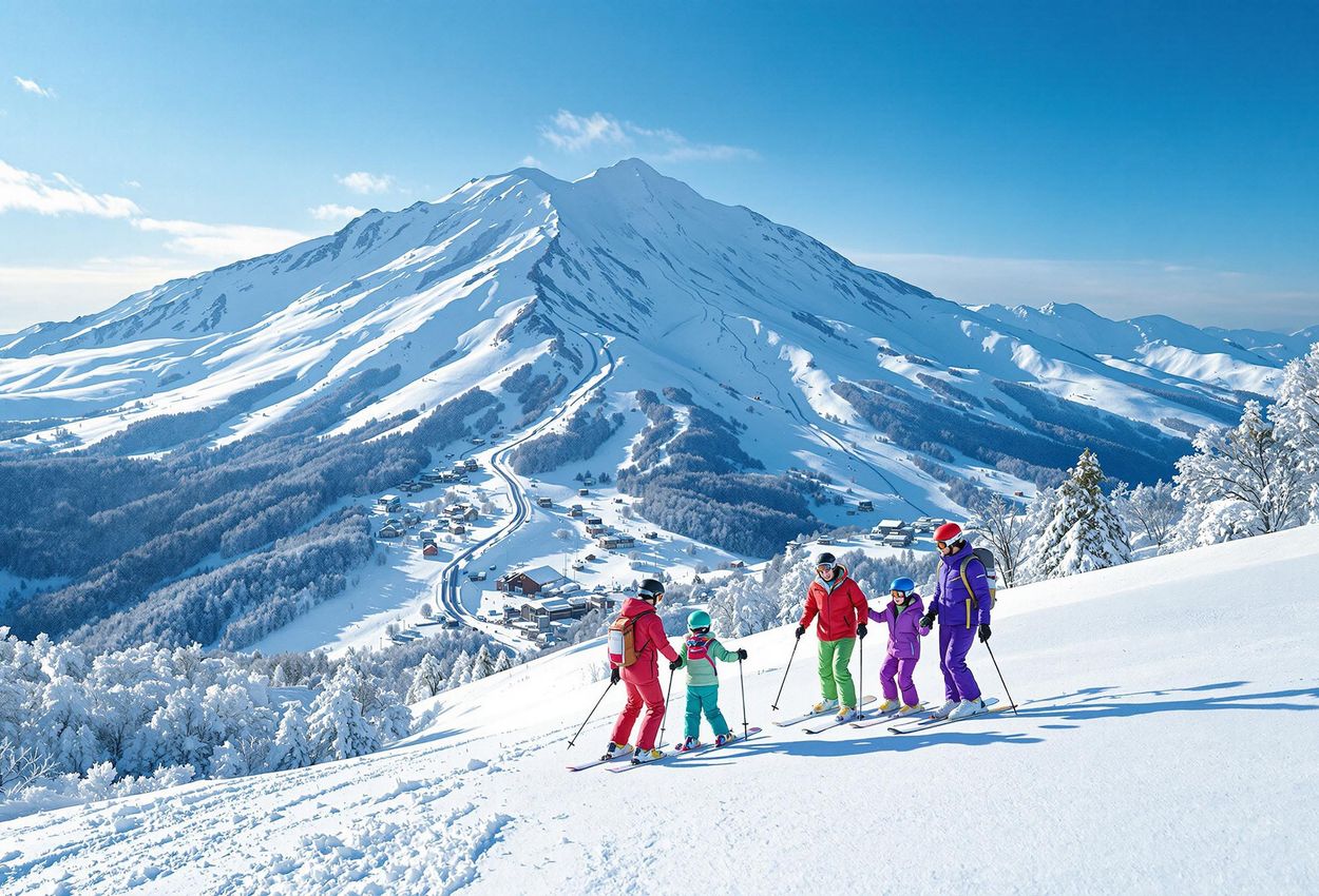 Scenic Mount Annupuri Skiing Adventure, Niseko, Japan A scenic photograph captures a family of beginner skiers enjoying a clear winter day on the snow-covered slopes of Mount Annupuri in Niseko, Japan.